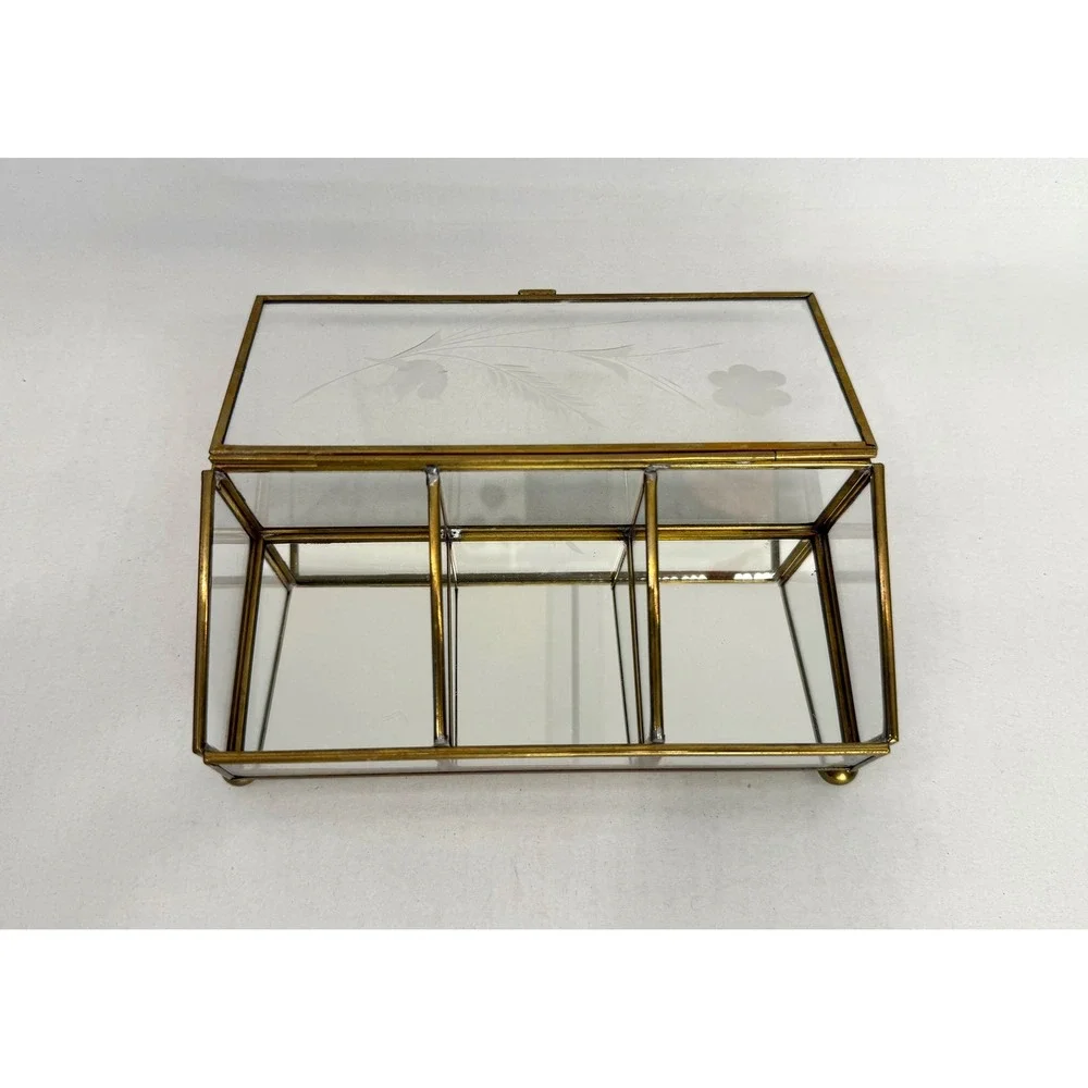Jewelry Box Etched Glass Brass Mirror Small Gold Vintage 3-Section